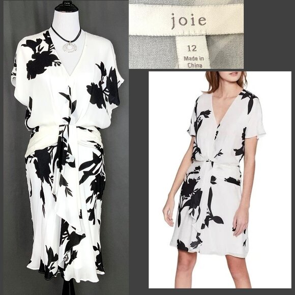 Joie Ashleena Silk Floral Dress In White And Black Size 12